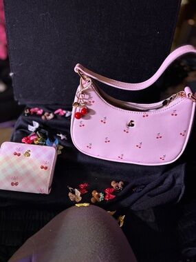 Pink Cherry Print Shoulder Bag  with matching wallet by